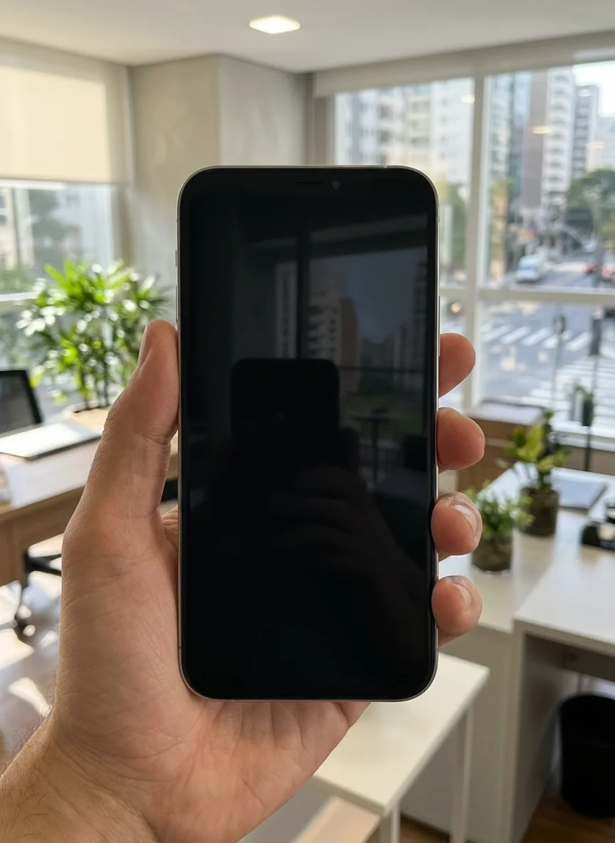 Mão segurando um celular com a conversa do assistente do fazfifty aberta no WhatsApp