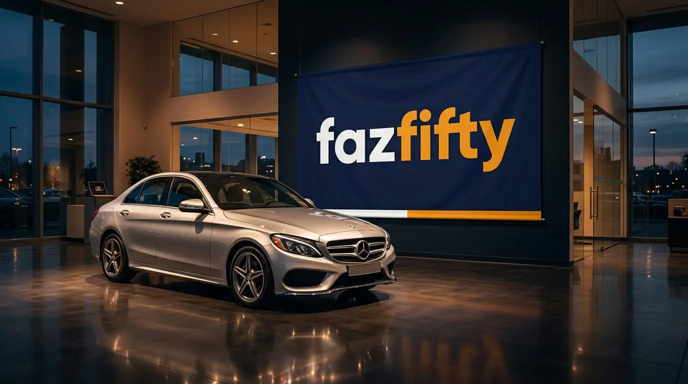 Showroom de uma loja de veículos com um banner fazfifty ao fundo