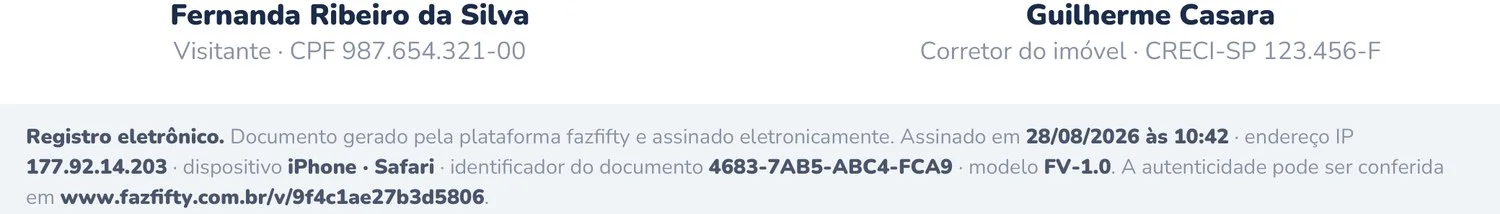 Rodapé de registro eletrônico da ficha: assinaturas, data, hora, IP, dispositivo e identificador do documento